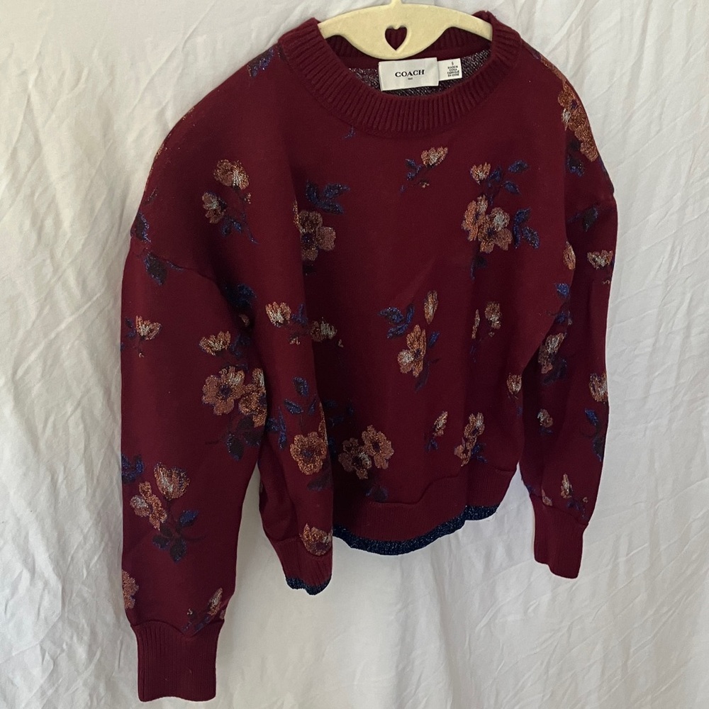 Coach: Burgundy Floral Jacquard Crewneck (66531)Sweater- Wool Blend- Metallic- S - Picture 5 of 16